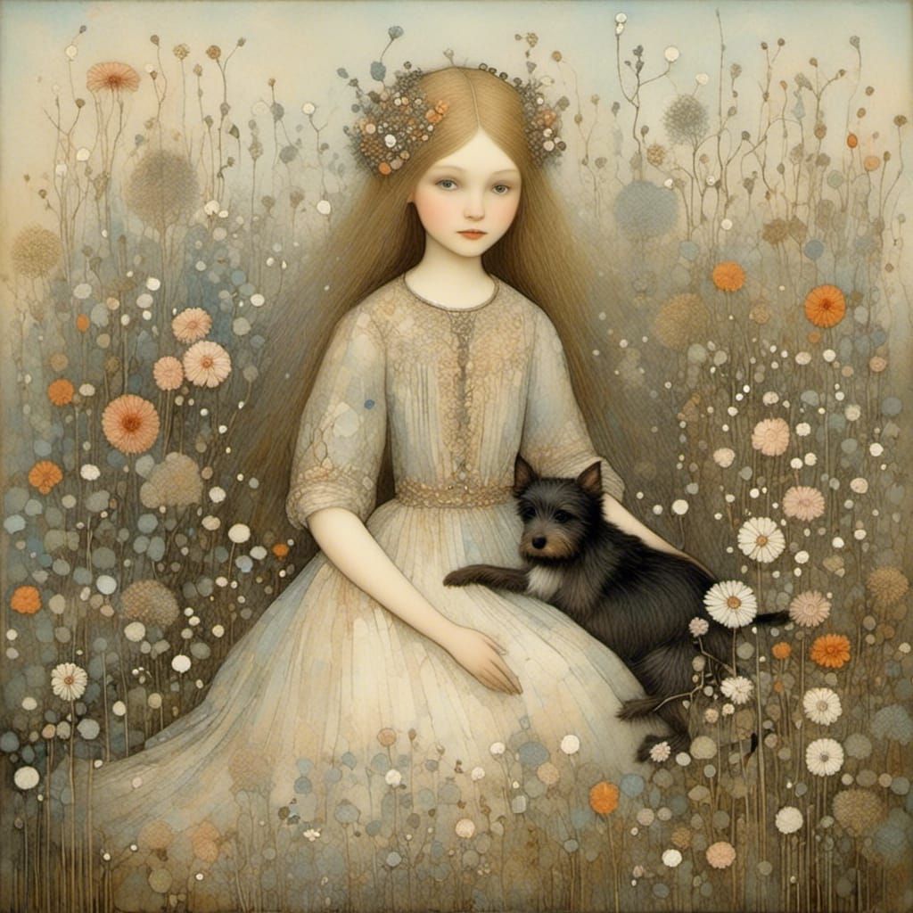 Girl and Dog in Whimsical Garden Art