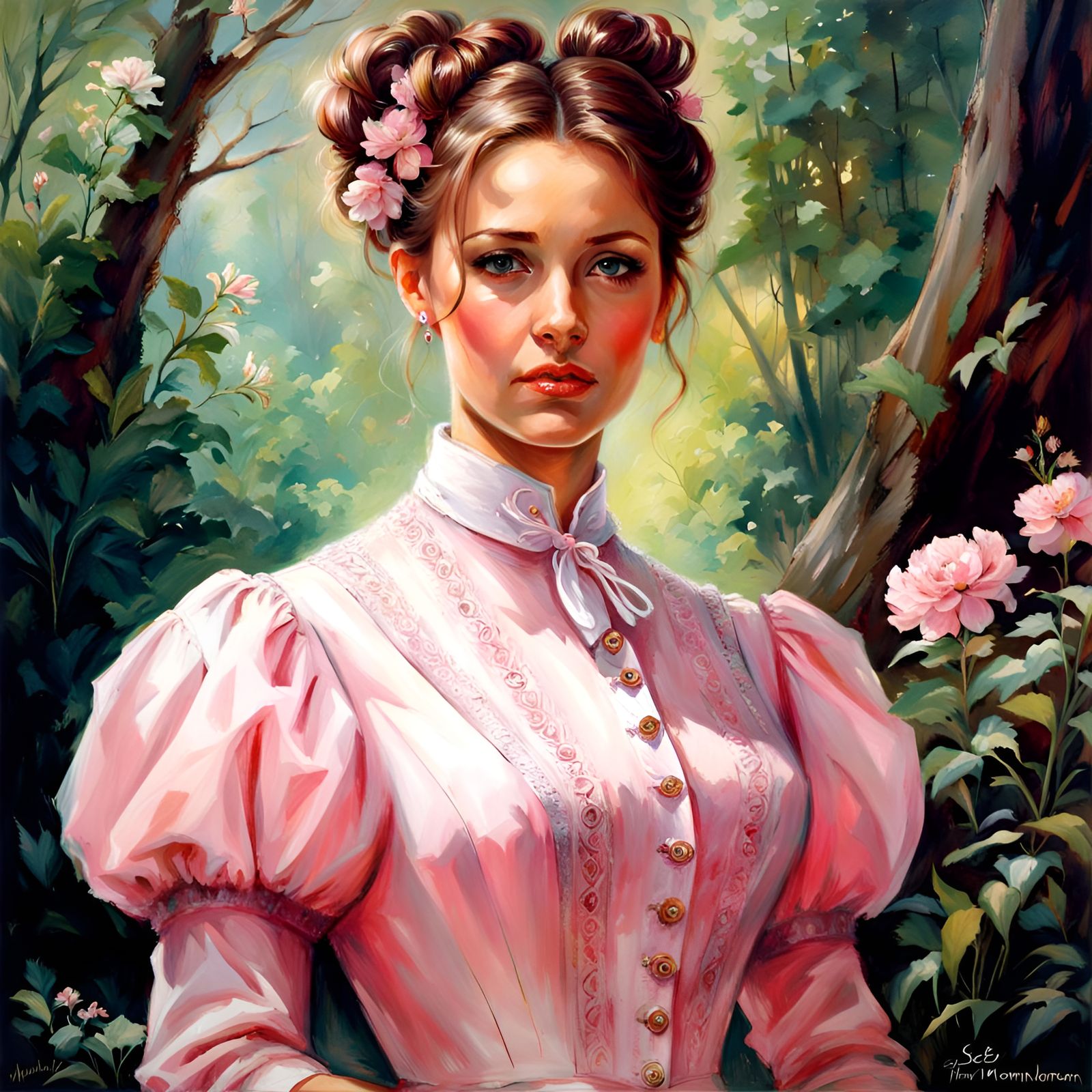 Beautiful Woman in Victorian Attire in a Whimsical Forest