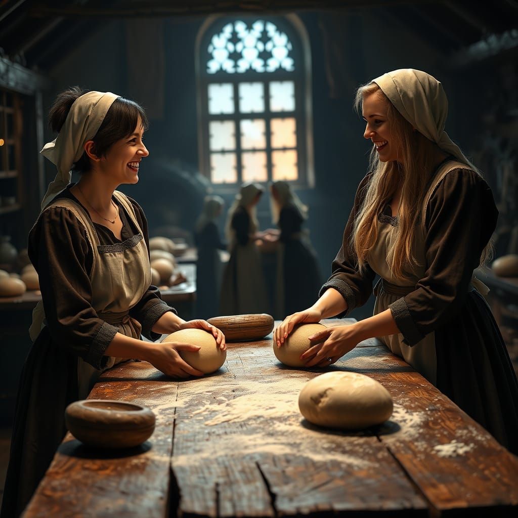 Medieval Servant Women Share a Moment in a Warm, Golden Kitc...
