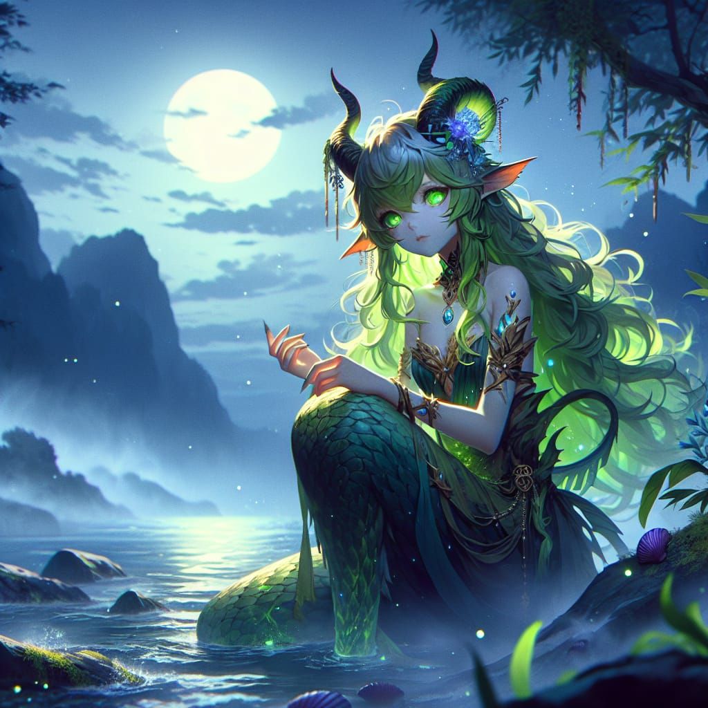 Anime Mermaid Satyr in Foggy Fantasy Landscape