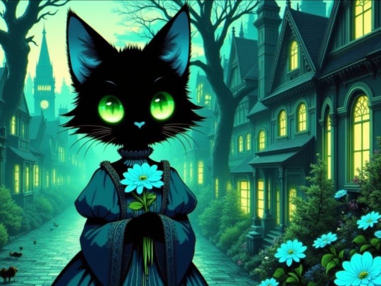 Adorable Catgirl Offers Neon Flower in Garden Dusk