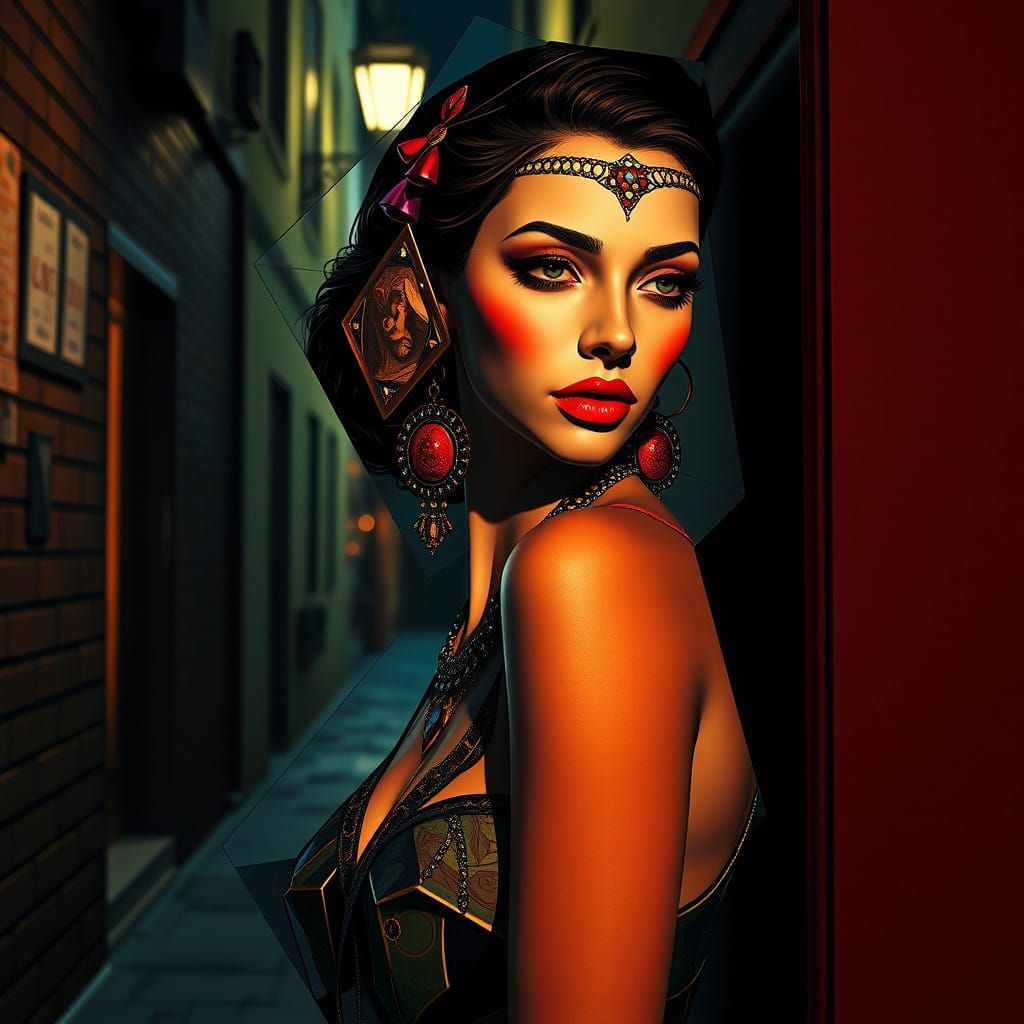 Girl in Cubist-Inspired Nighttime Scene