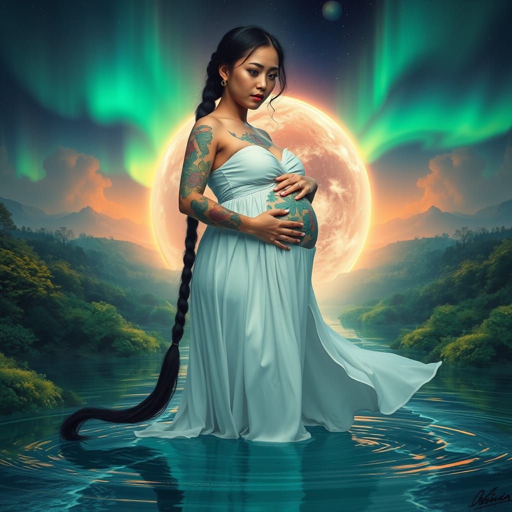Pregnant Woman Embraces Earth in Surreal Dreamscape