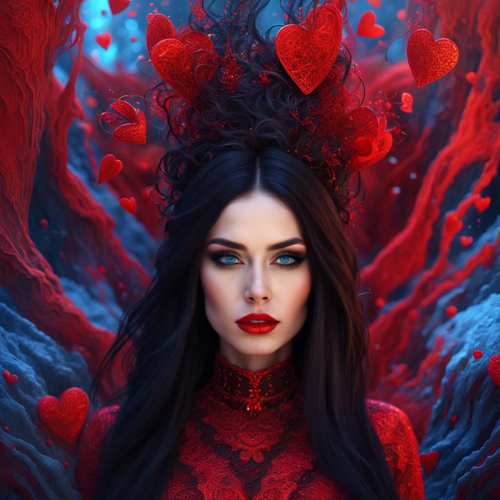 "A beautiful valentine woman with long black hair and bright sparkling blue eyes. Wearing fantastical clothing with fant...