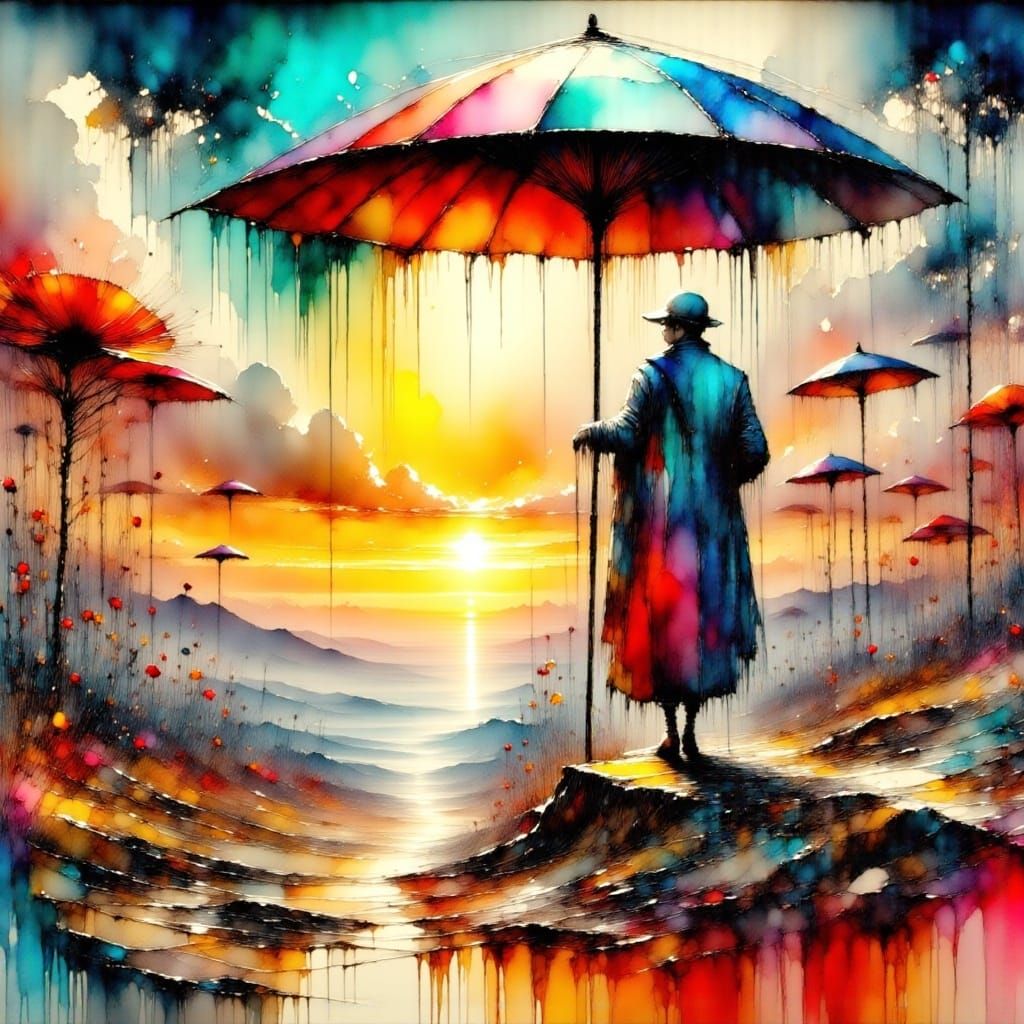 Surreal Desert Scene with Elderly Man and Parasol