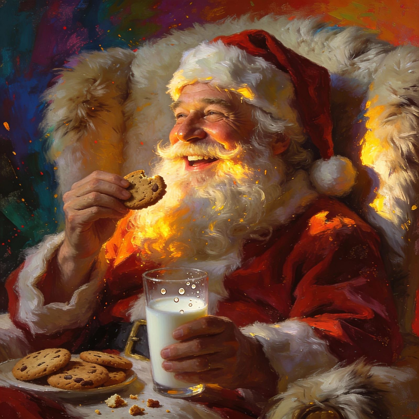 Off-Duty Santa Relaxing in Armchair with Cookies
