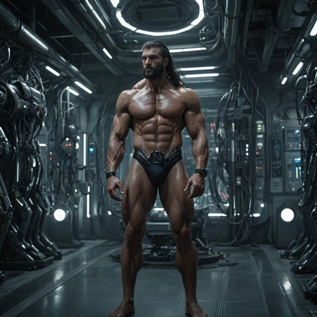 Sweaty Muscle Giant in Industrial Lab Setting