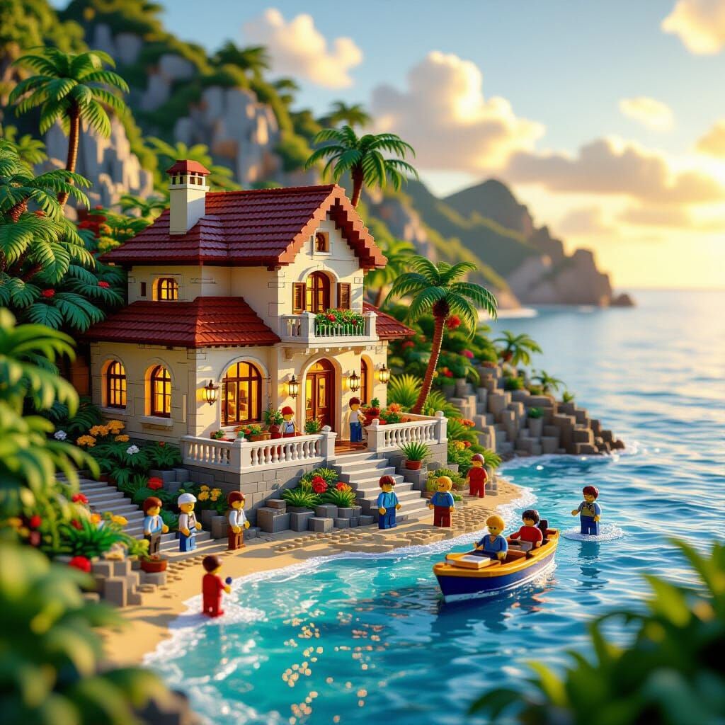 Lego Villa by the Sea in Golden Hour Light