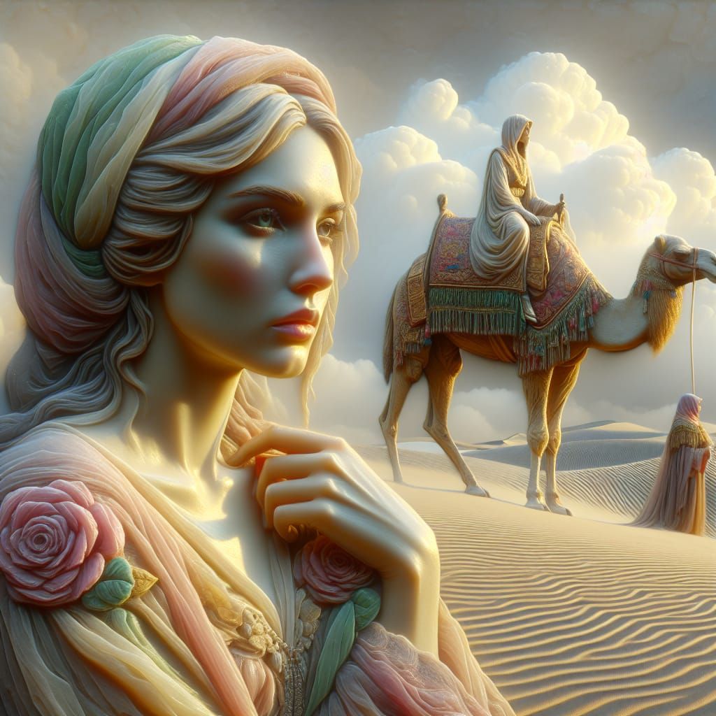 3D encaustic painting, bas relief, portrait of a lovely woma...