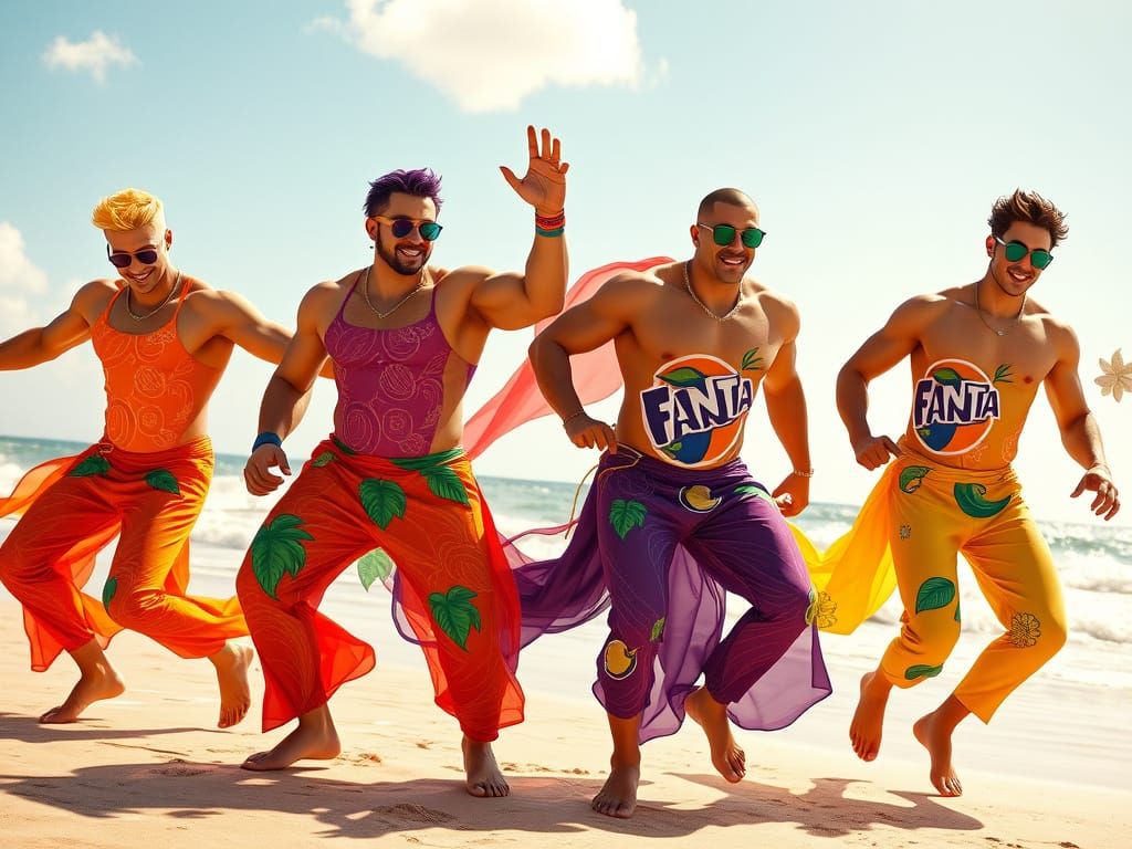 Vibrant Boyband Dancers on a Sun-Kissed Beach in Anime-Inspi...