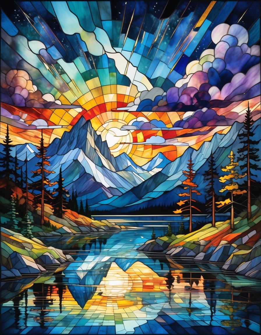 Stained Glass Night Sky with Lightning Cascade