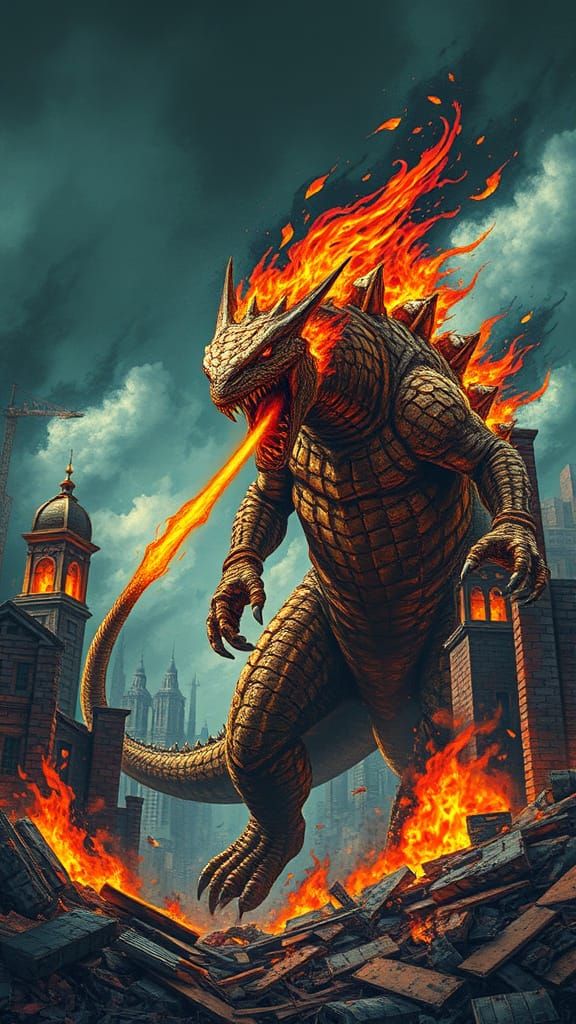 Destructive Monster Amidst Ruined Cityscape in Mosaic Art