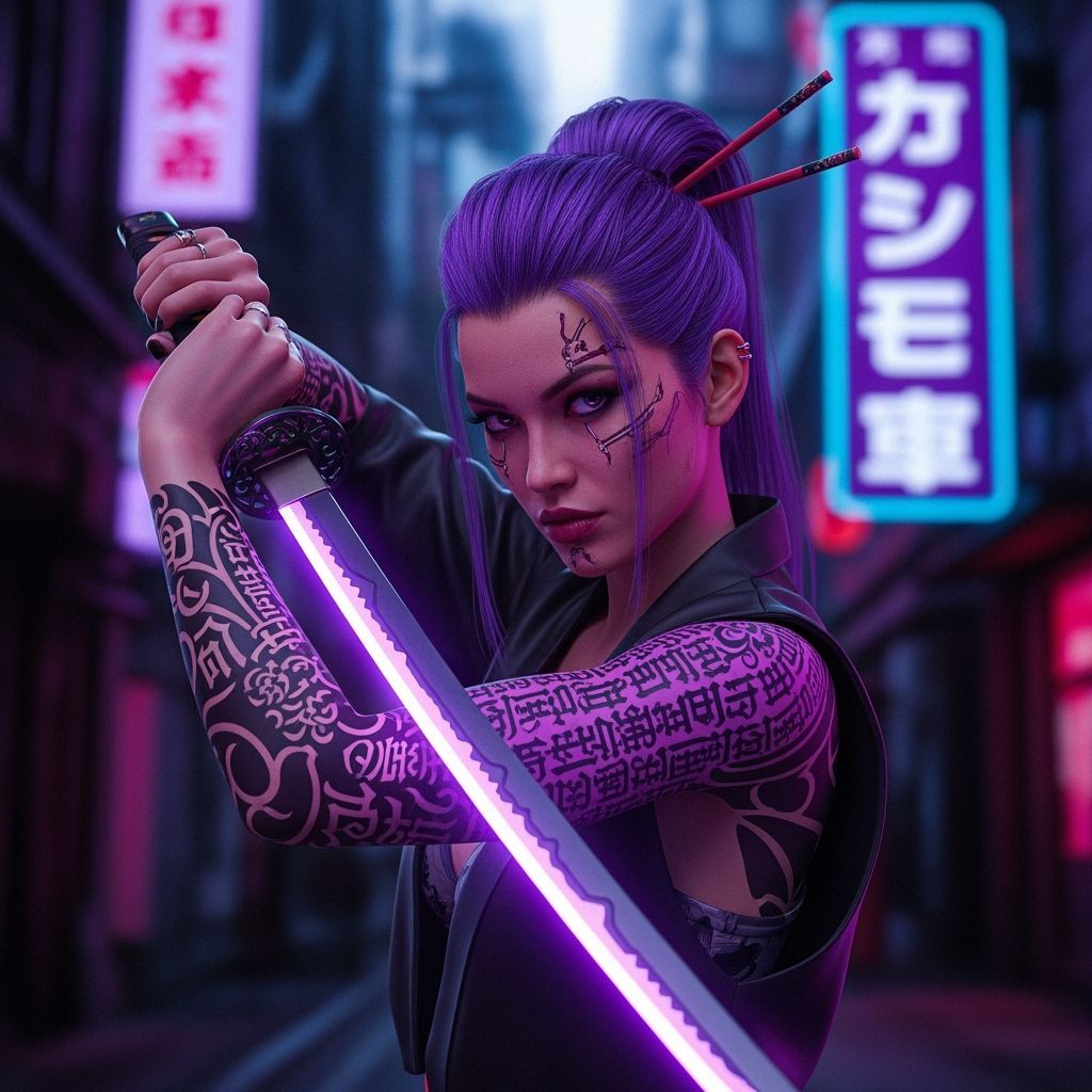 Cyberpunk Rebel Wields Katana in Blade Runner Tokyo
