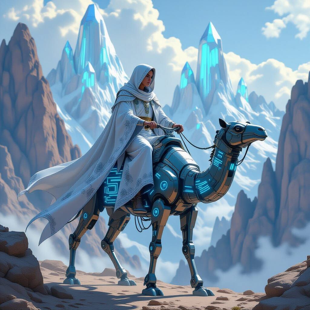 Elf Rides Robotic Camel in Crystal Mountains