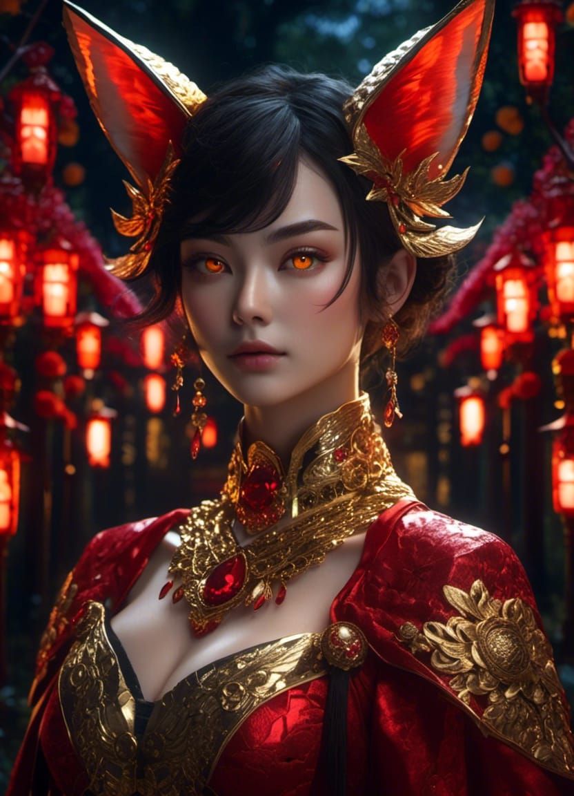 Whimsical Kitsune Goddess in Moonlit Forest