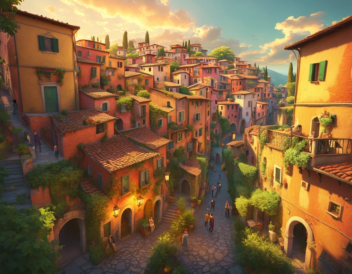 Picturesque Italian Neighborhood in Dreamlike Oil Painting