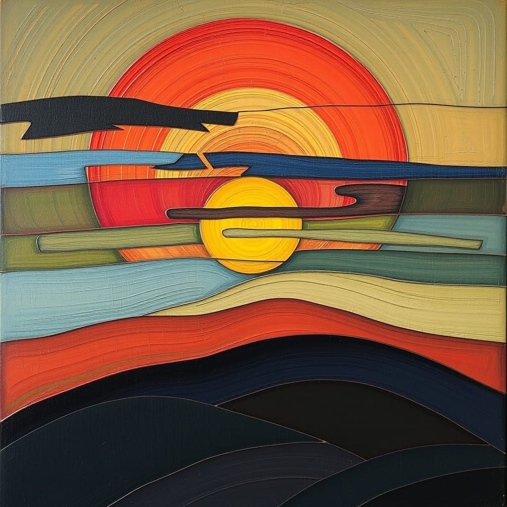 Unique Layered Sunset Scene Inspires Mixed Media Composition...