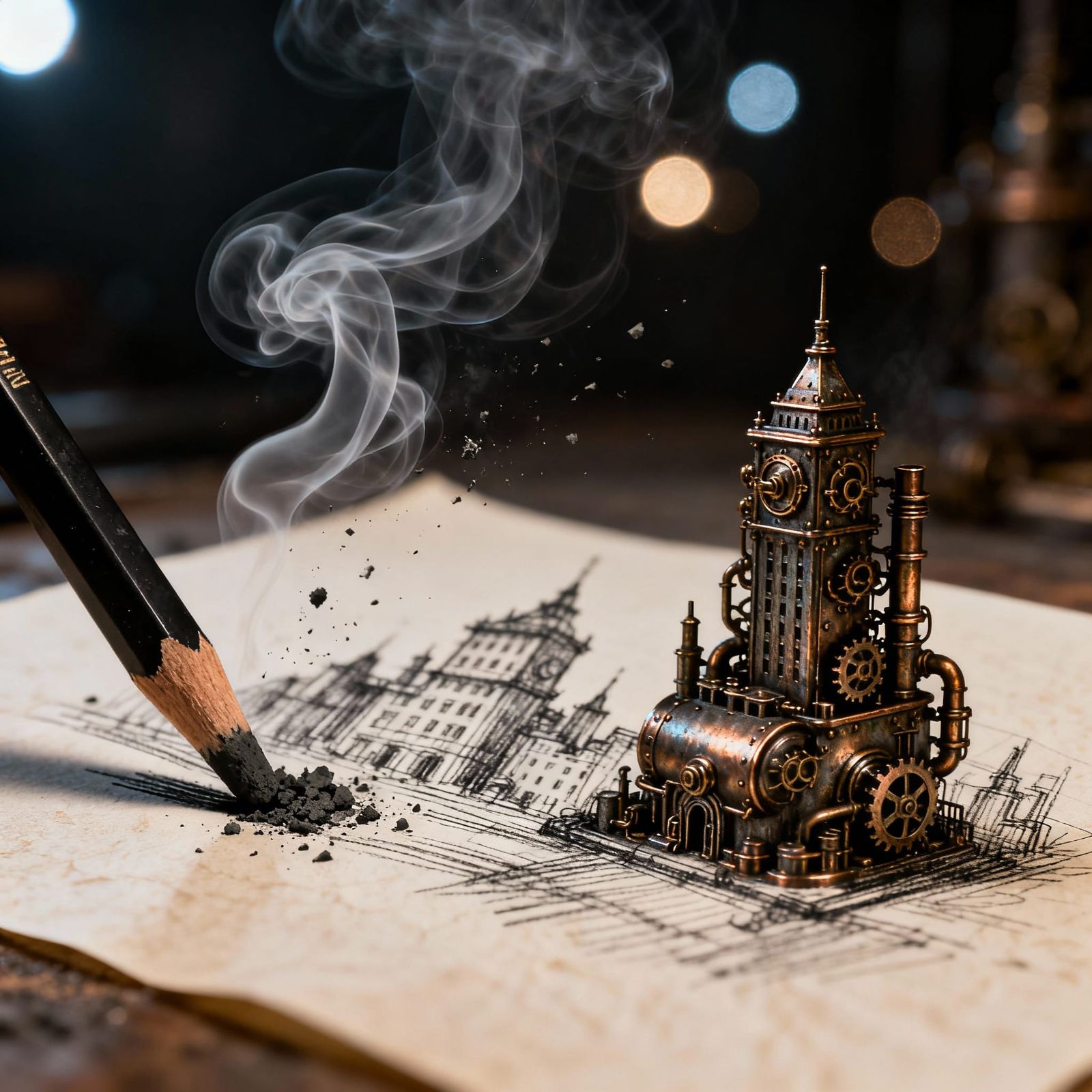 Steampunk City Emerges from Charcoal Sketch in Cinematic Rea...