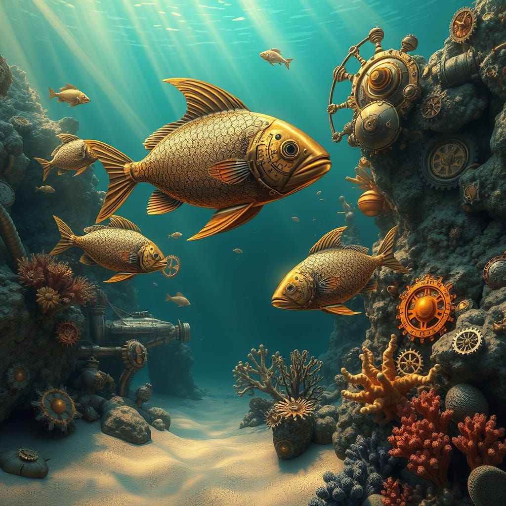 Steampunk Coral Reef with Mechanical Fish