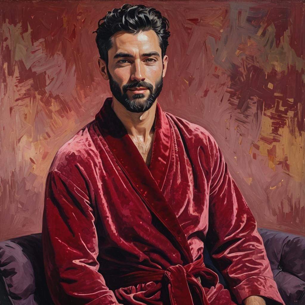 Joyful Bearded Man in Red Robe, Impasto Oil Painting