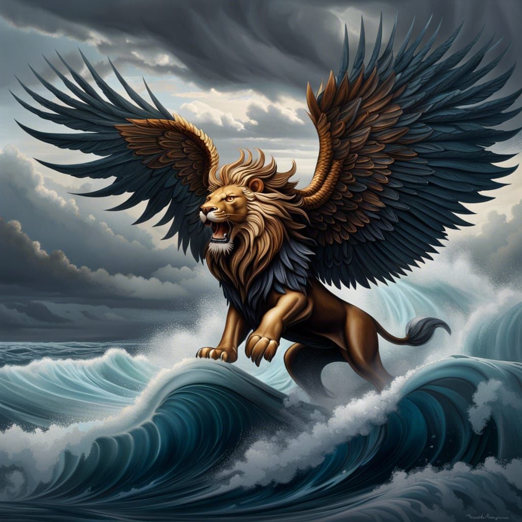 Lion with Eagle Wings in Dark Fantasy Style