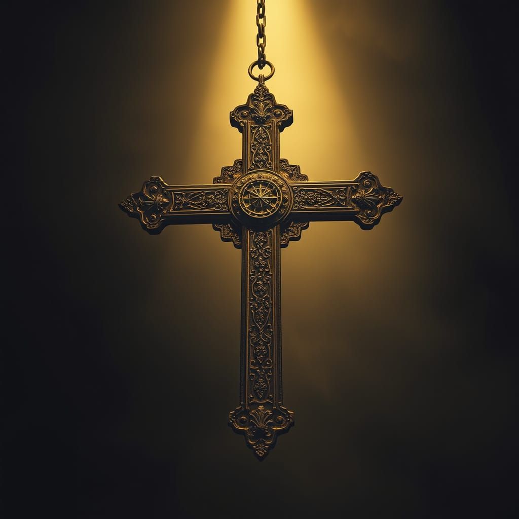 Upside Down Ornate Cross in Dark, Moody Atmosphere