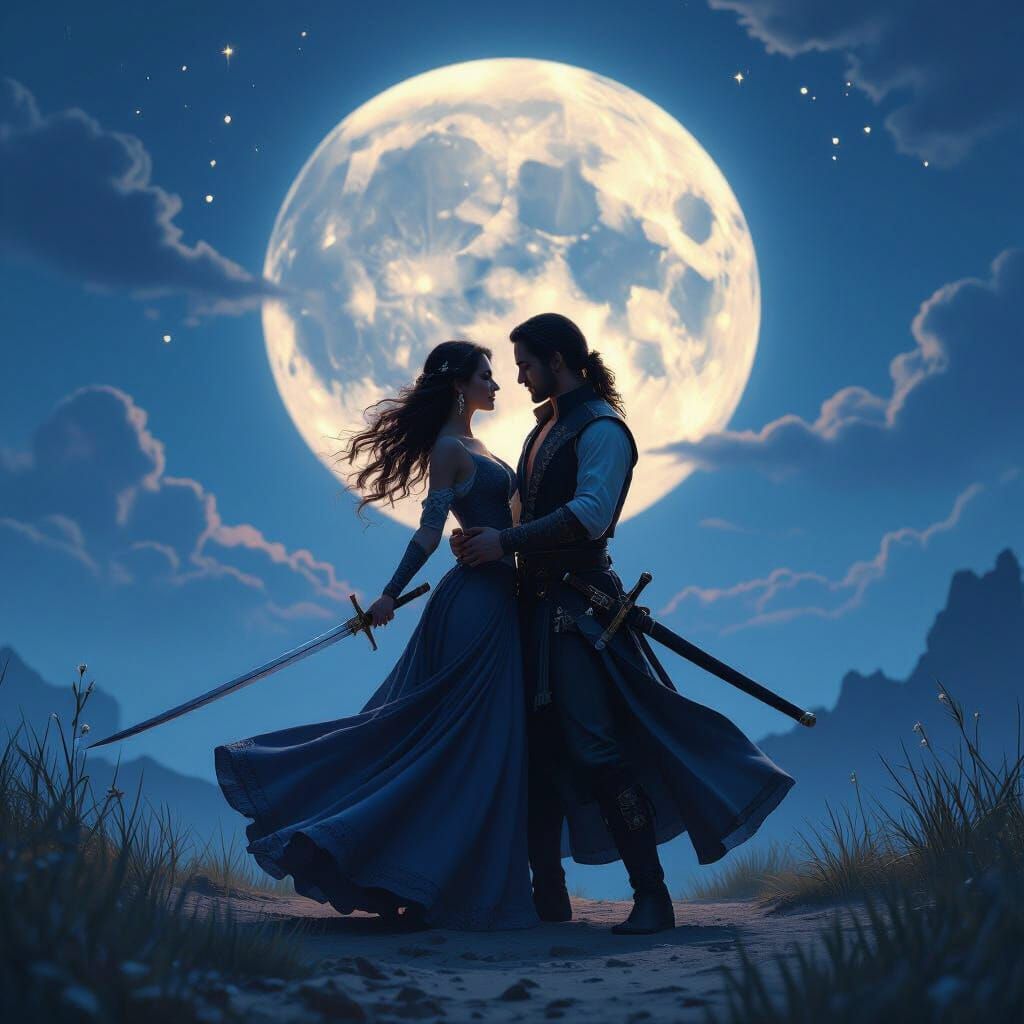 Couple Dancing with Swords Under Moonlight