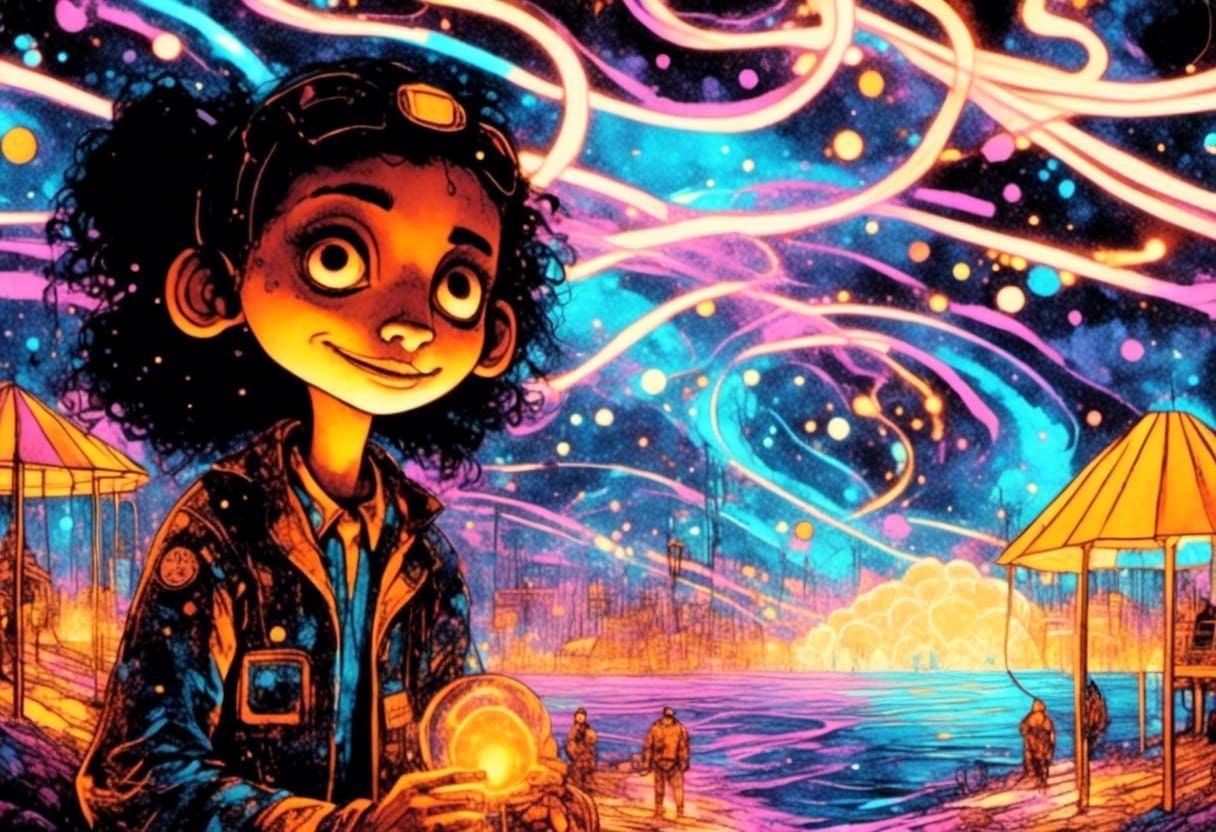 Surreal Sci-Fi Carnival in Glowing Ink Style