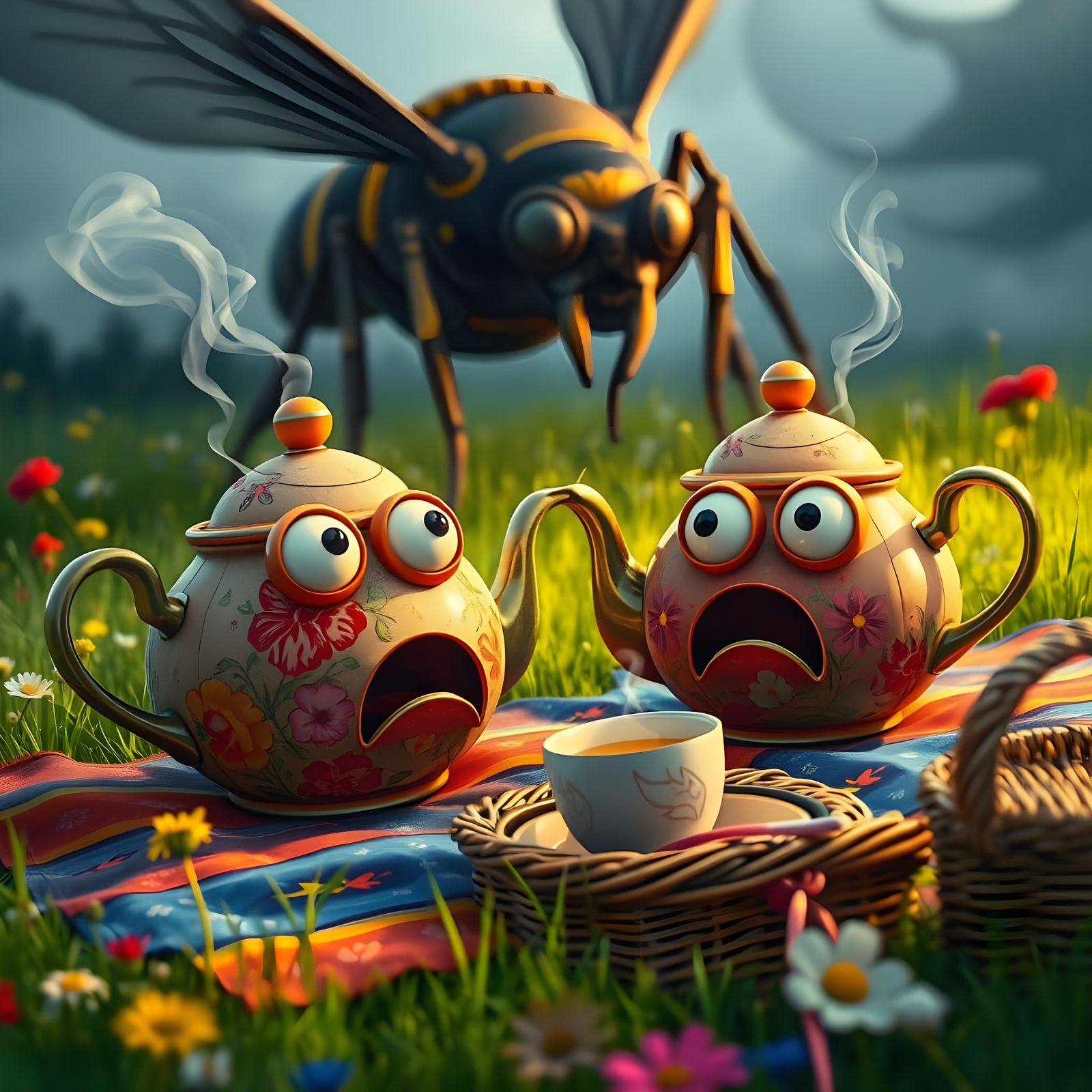 Terrified Teapots Picnic Under Giant Hornet Attack