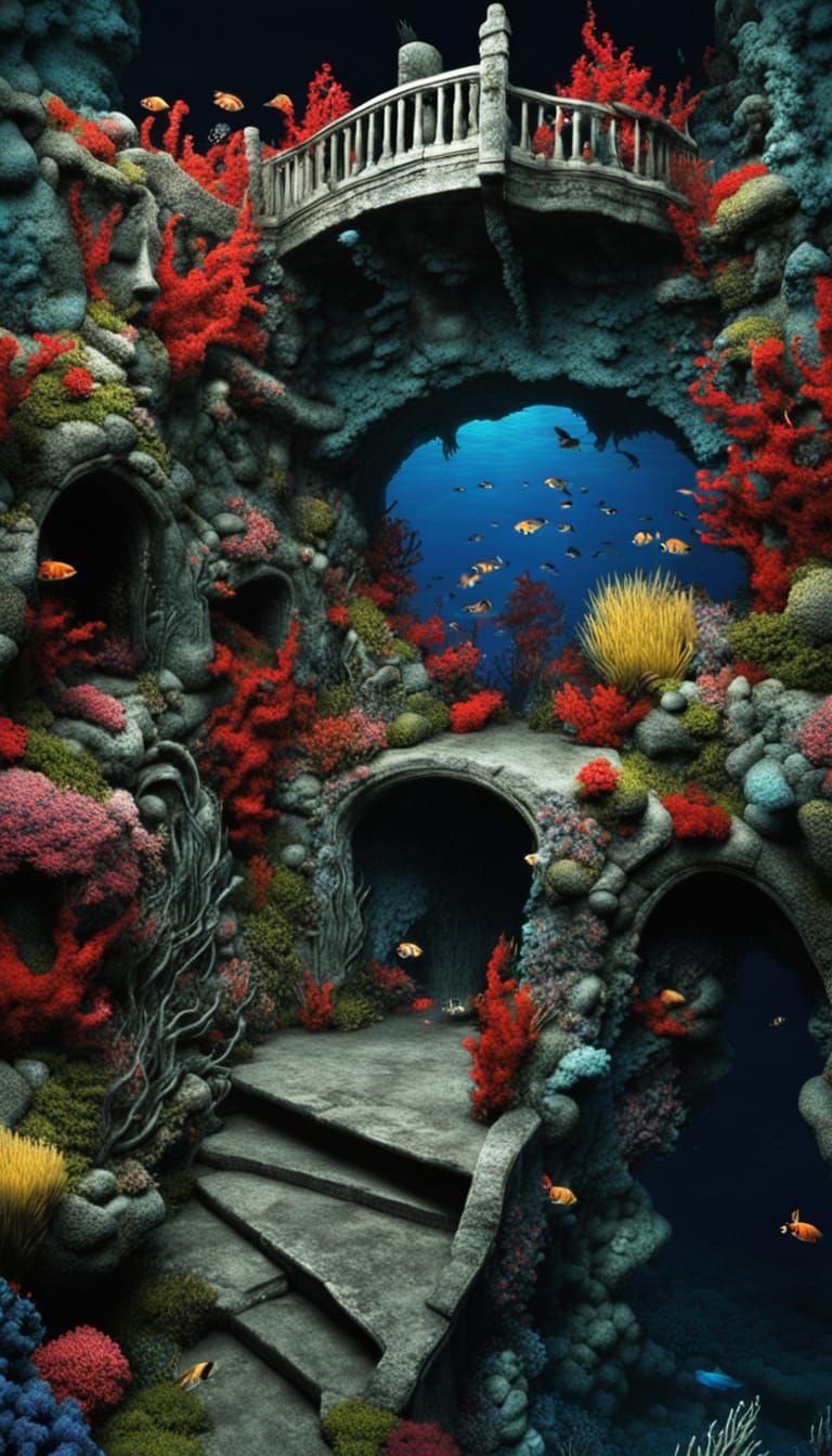 Creepy underwater garden In the ocean trench depths deep sea creatures make themselves at home here