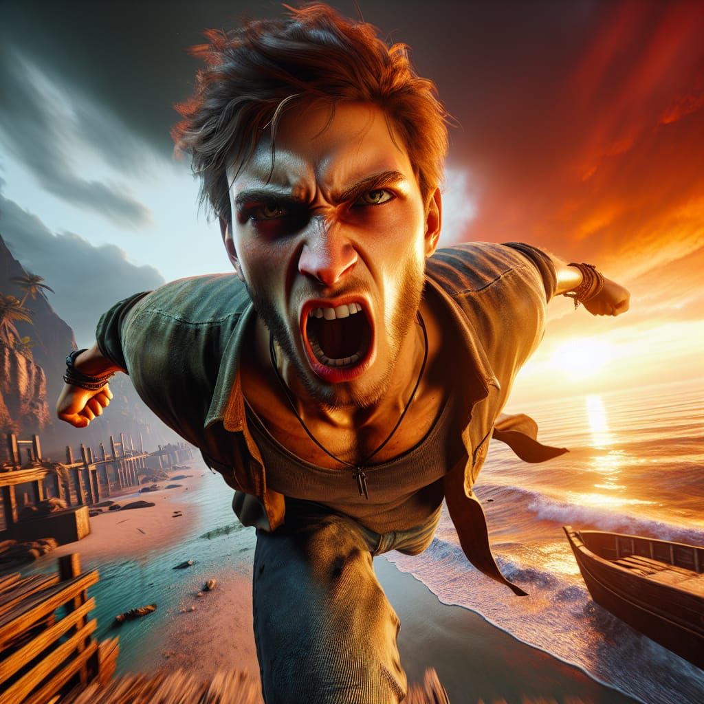 Angry Young Man on Beach in Video Game Style