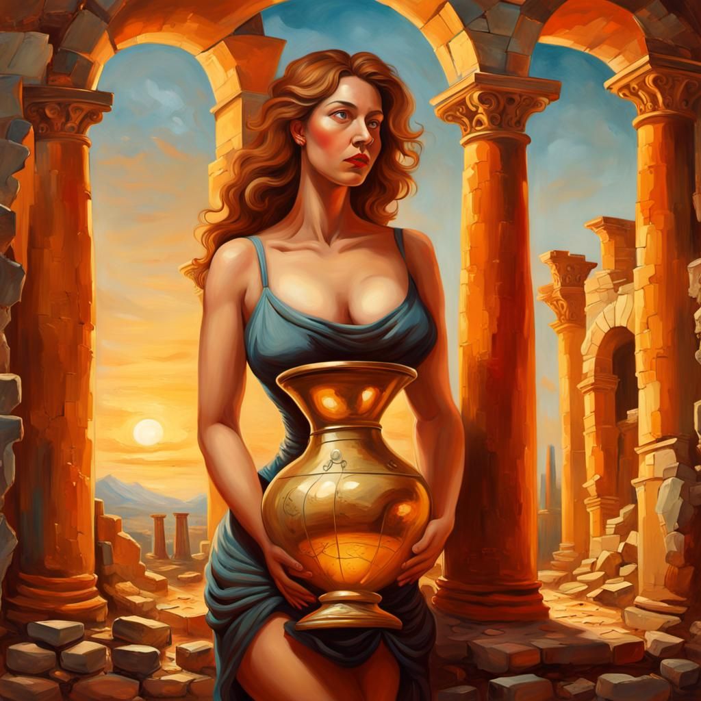Hourglass Woman in Ruins: Surreal Oil Painting
