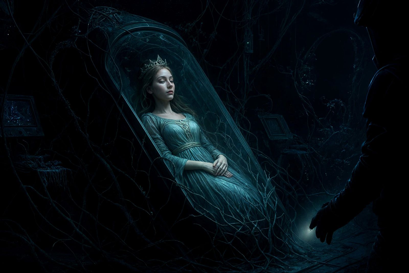Sci-Fi Sleeping Beauty in Cryo Chamber: Digital Art