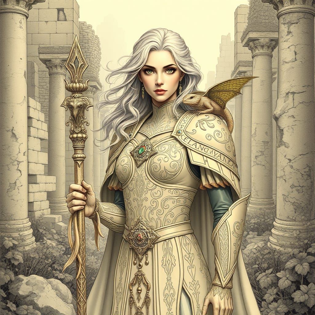 Armored Woman with Dragon in Ancient Ruins