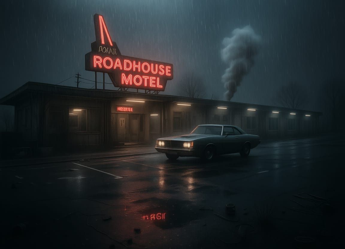 Eerie Abandoned Motel Scene in David Lynch Style