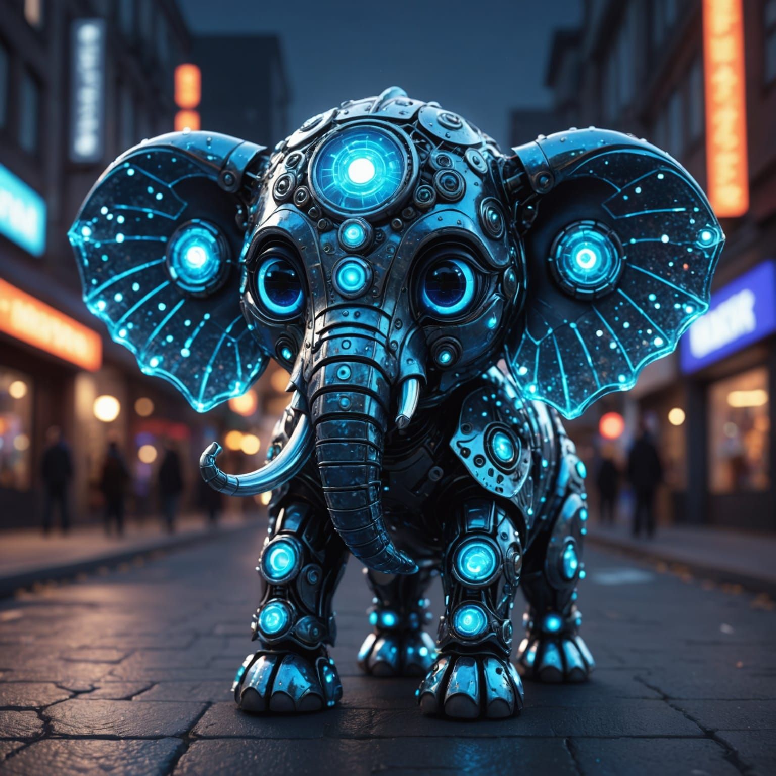 Mecha Elephant Ghost on Halloween Street in Pointillism