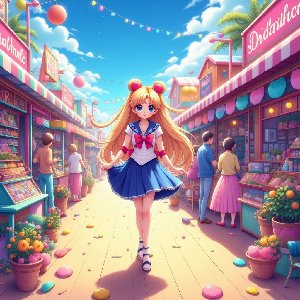 <lora:Ultra Cute Flux:1.0> Sailor Moon headed for the boardwalk for a photo take.