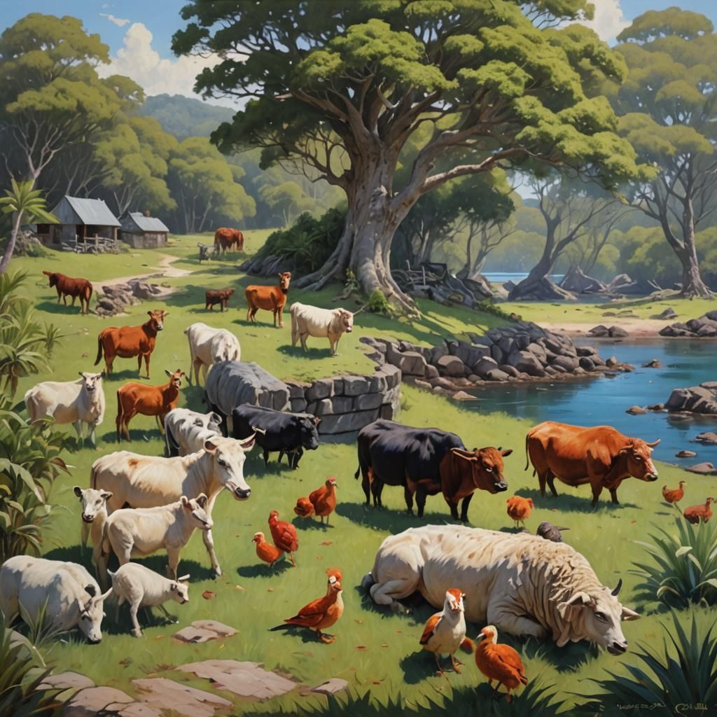 Island Animal Sanctuary in Oil Painting Style