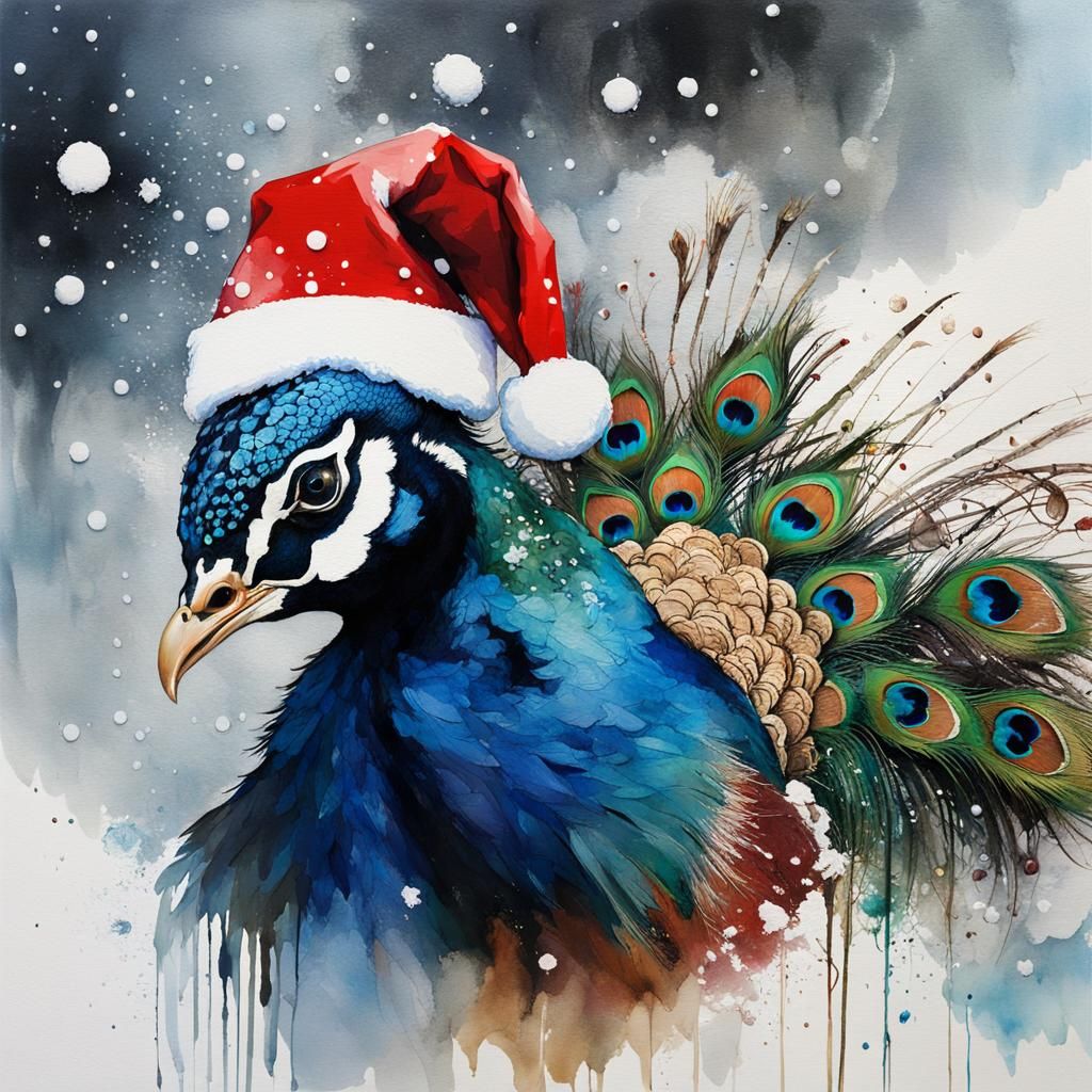 Surreal Peacock in Festive Snowy Wonderland