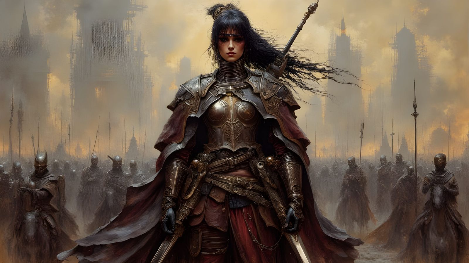 Warrior Woman on Grim Battlefield in Retrofuturistic Concept...