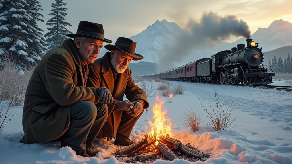 Weary Hobos Warm by Winter Fire in a Forgotten Landscape