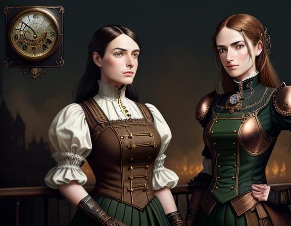 Steampunk Twins in Time Machine: Dark Fantasy Art