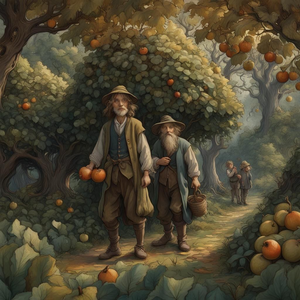 Hobbits in Autumn Fruit Garden, Gouache Painting