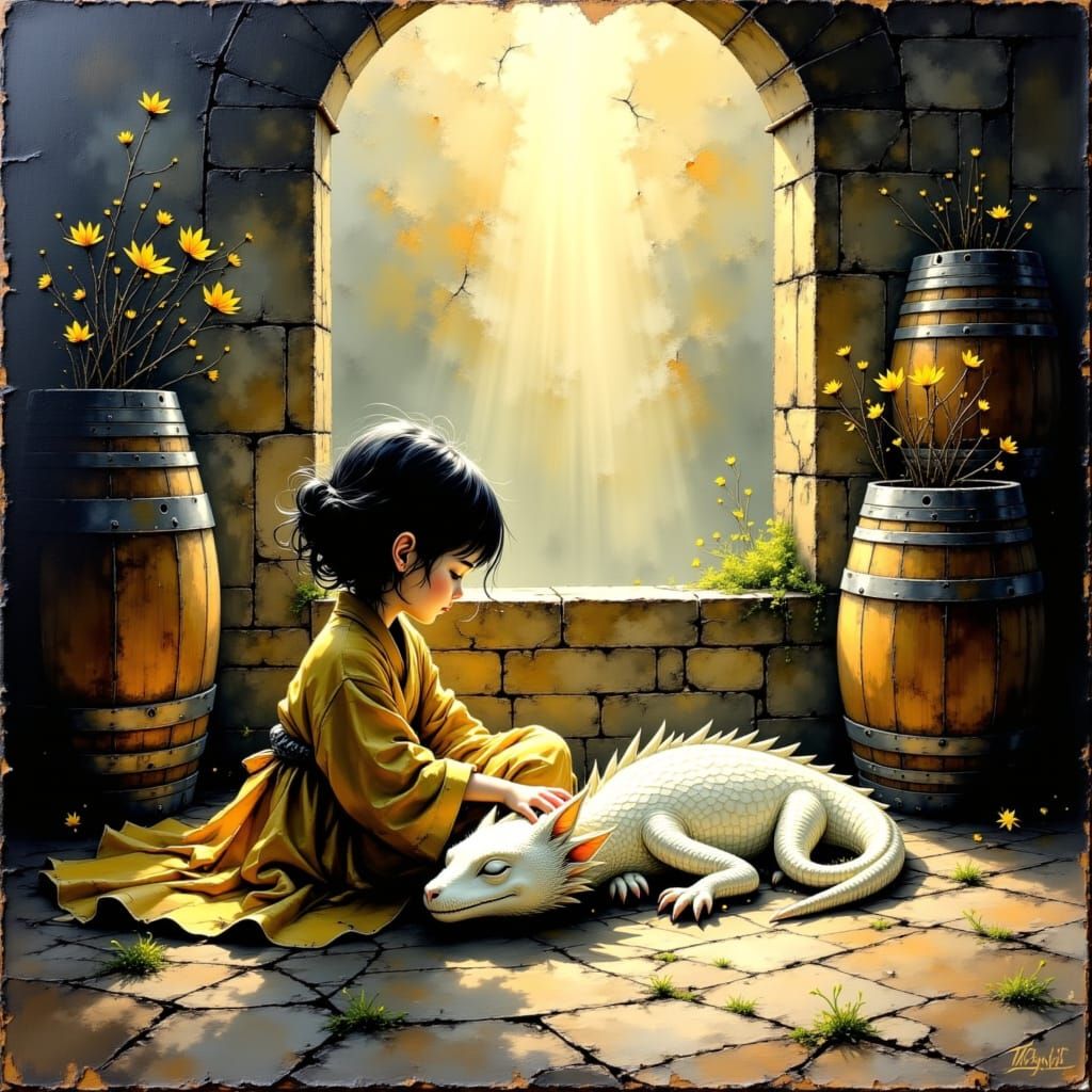 Girl and Dragon: Impasto Oil Painting