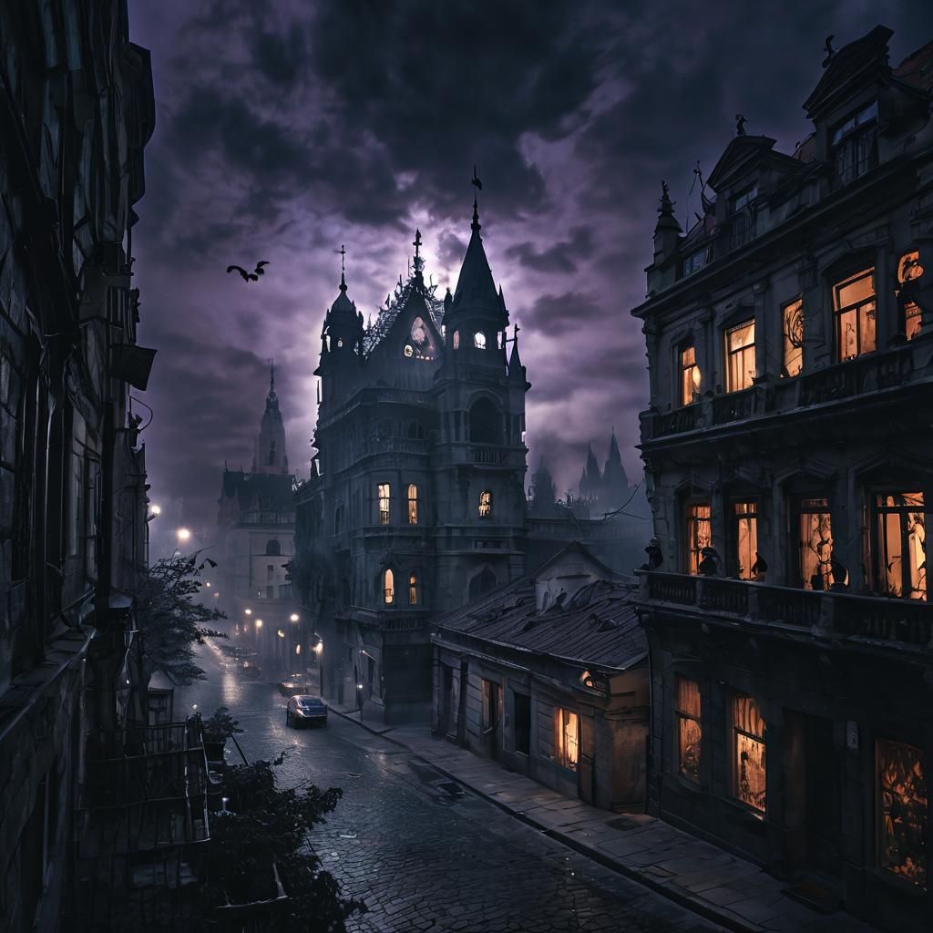 Mecha Demons Battle Above Gothic Cityscape