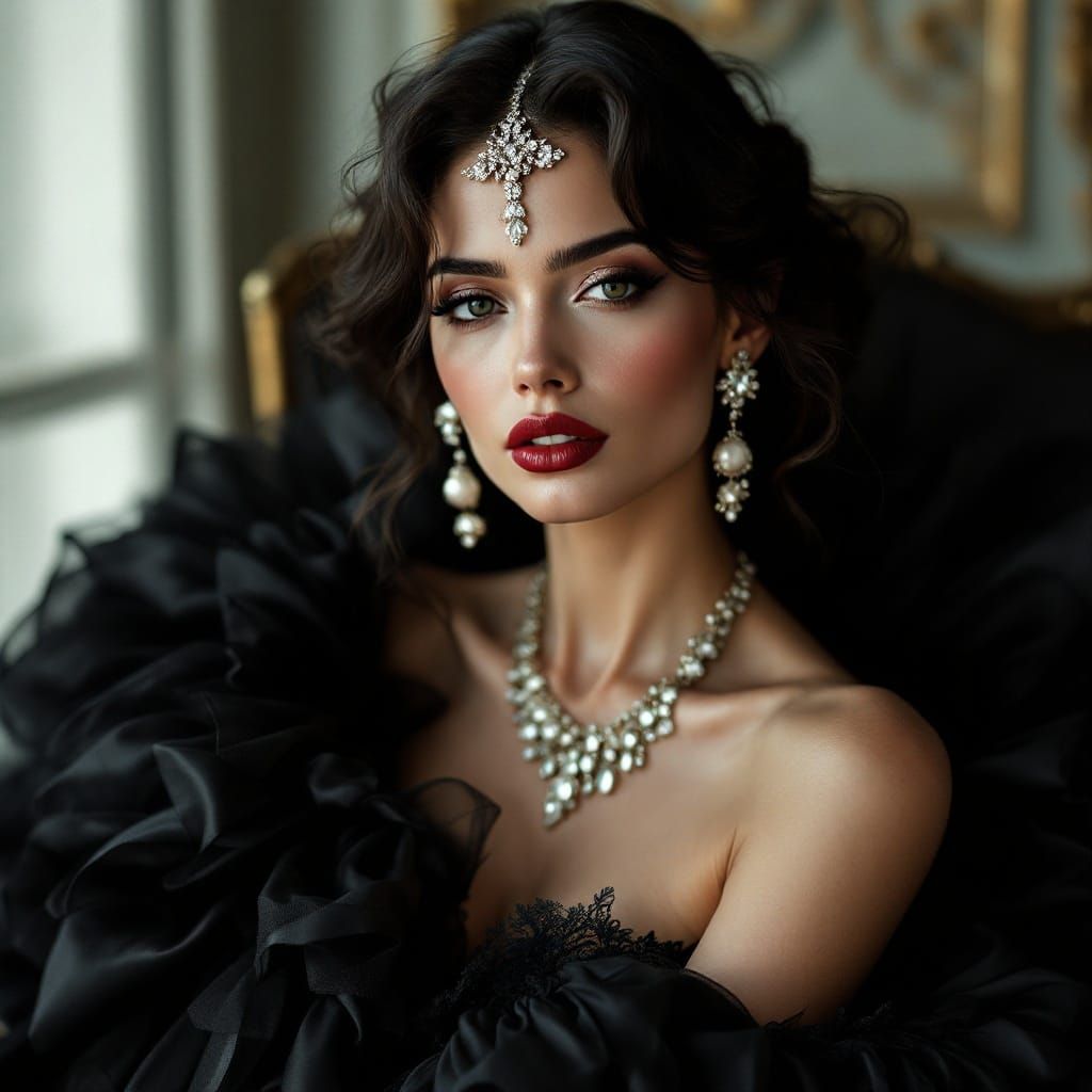 Elegant Couture Model in Luxury Black Dress with Diamonds