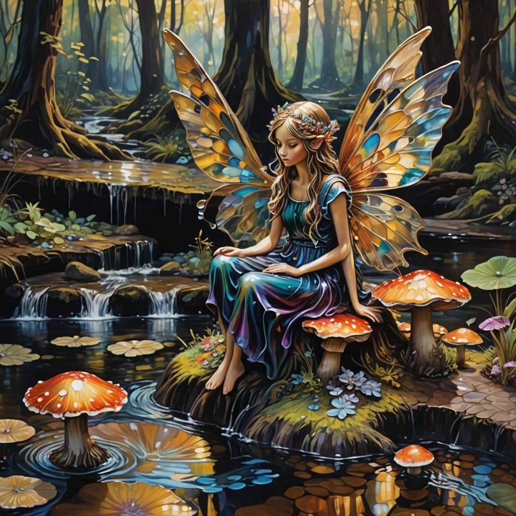 Fairy on Mushroom in Acrylic Pouring Art Style