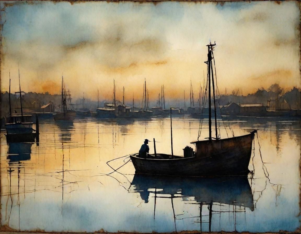 Fisherman at Dusk: Impressionist Mixed Media Harbor Scene