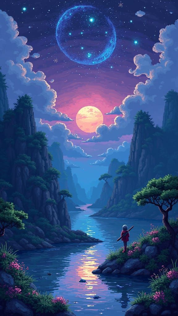 Pixel Art Isekai World at Night