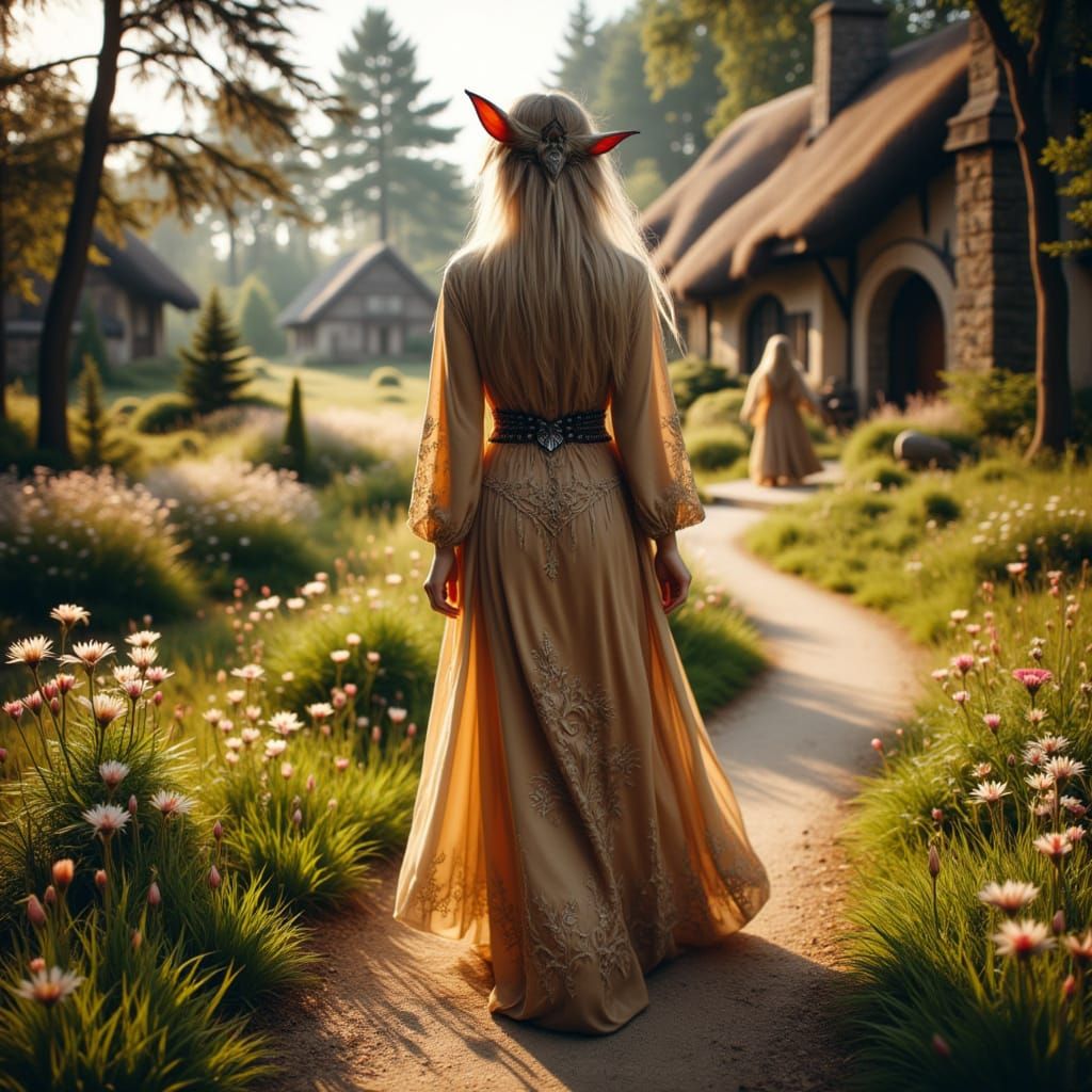 Elegant Elf Lady in Earth-Toned Robes Walking in Sunlit Shir...